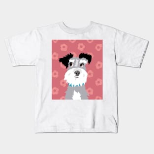 Salt and Pepper Miniature Schnauzer on Pink Daisy Background Kids T-Shirt